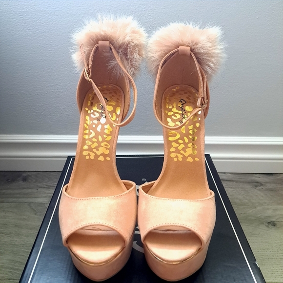 Qupid | Blush suede pu~ tan/Pinkish open toed heels with ankle strap and Pom Pom - Picture 3 of 10